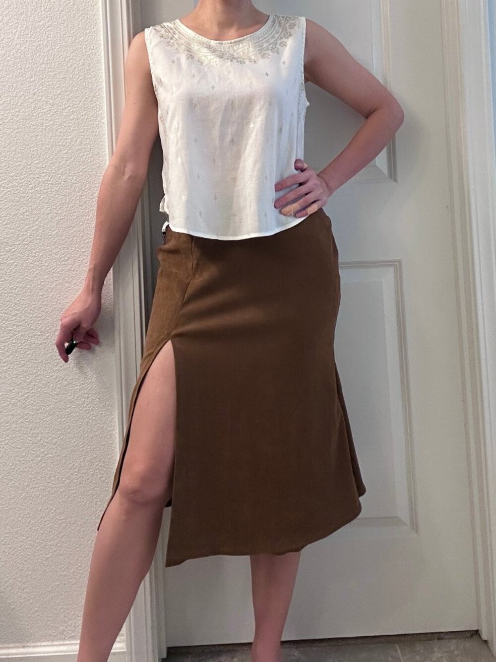 Boho Retro Vintage 100% Rayon Gold Pattern Tank Shell Blouse size M white